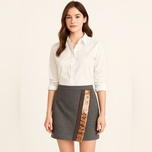 J.Crew Grey Wool Mini Skirt with Gold Sequin Accent Open Flap Fully Lined Sz 2
